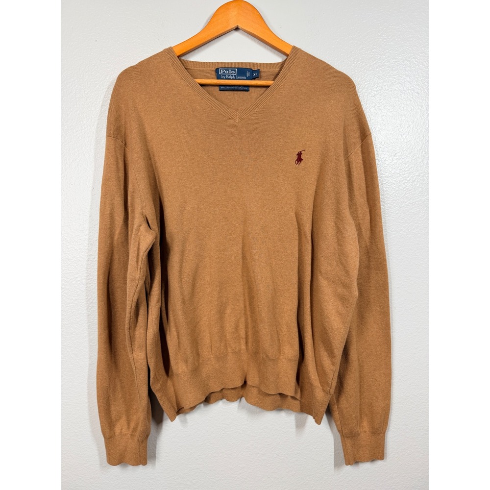 Polo Ralph Lauren Sweater Mens XL Brown V Neck Long Sleeve Pima Cotton Preppy